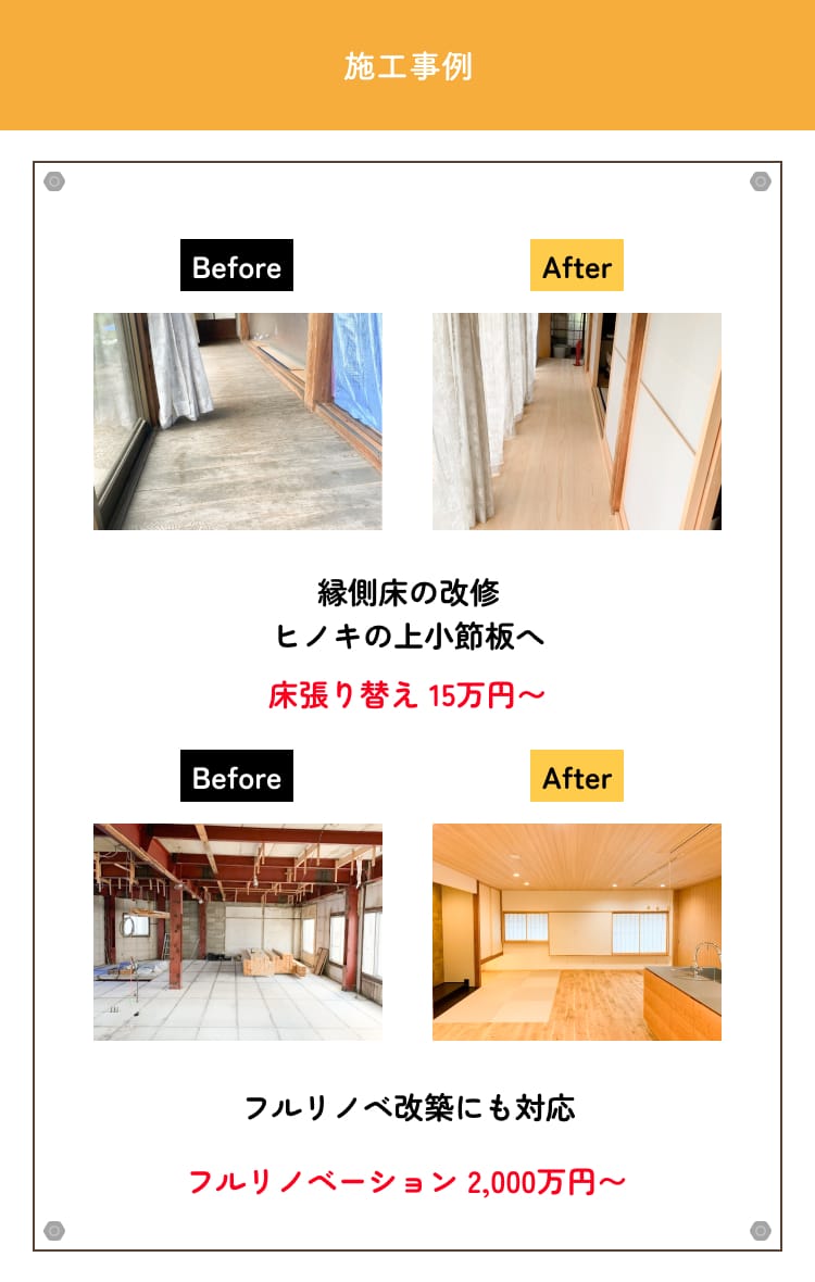 施工事例　Before/After　縁側床の改修ヒノキの上小節板へ床張り替え 15万円〜 施工事例　Before/After フルリノベ改築にも対応フルリノベーション 2,000万円〜