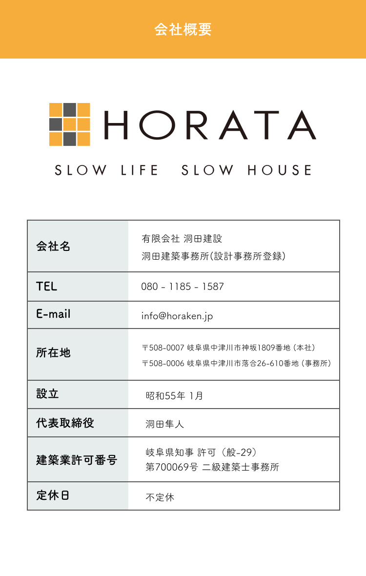 会社概要 ・ アクセス 有限会社 洞田建設　洞田建築事務所(設計事務所登録) 〒508-0007 岐阜県中津川市神坂1809番地 (本社)　〒508-0006 岐阜県中津川市落合26-610番地 (事務所)　0573 - 69 - 4790